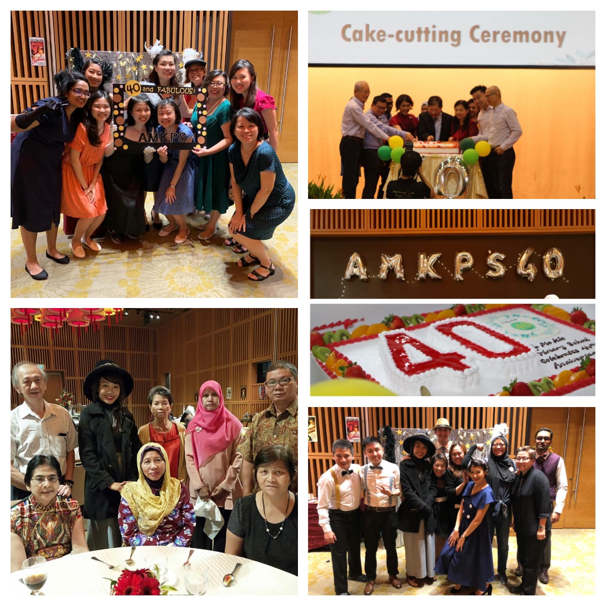 Collage of AMKPS 40th anniversary celebration with group photos, a cake-cutting ceremony, silver balloon letters, and a decorated cake.